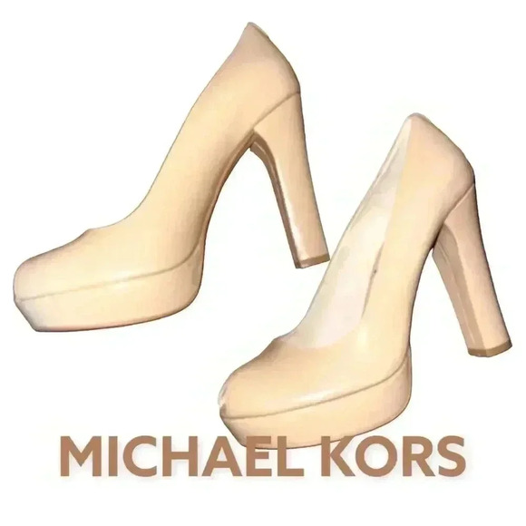 MICHAEL KORS CHANTEL NUDE PATENT LEATHER PLATFORM PUMPS. - Picture 1 of 12